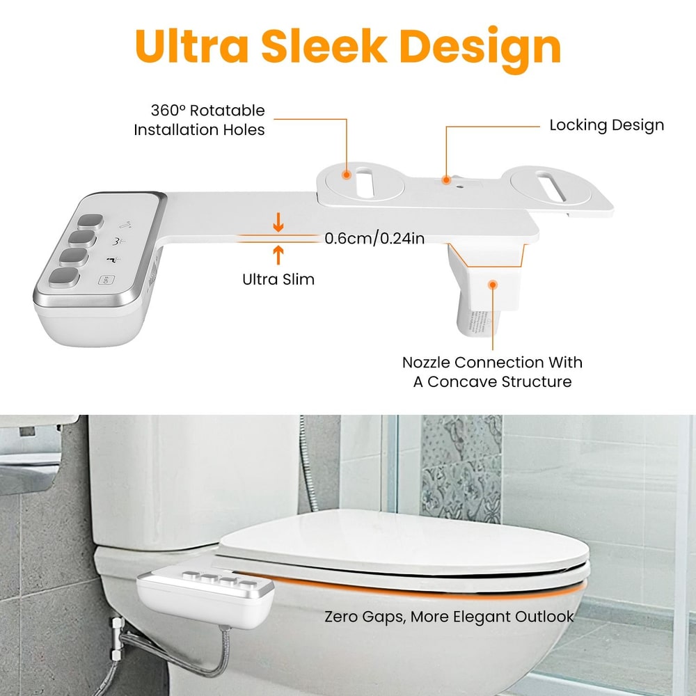 Ultra-sleek toilet bidet attachment featuring a 360° rotatable design, ultra-slim profile, locking mechanism, and zero-gap installation for a seamless look.