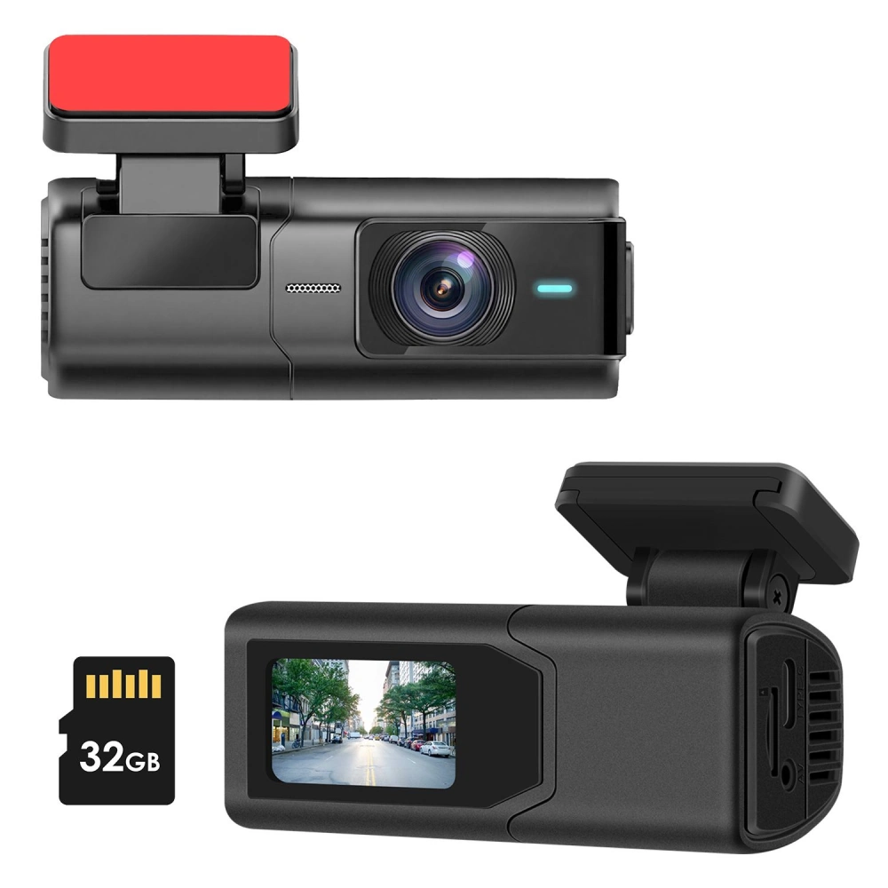 Compact car dash cam with a 32GB SD card, featuring a wide-angle lens, built-in screen, and a red mount for easy installation.