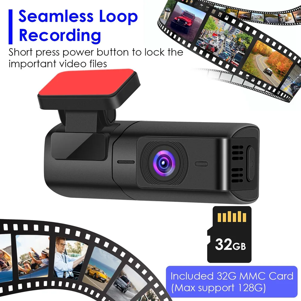 Dash camera with seamless loop recording feature and a vibrant lens, includes a 32GB MMC card, perfect for capturing important video files during your drive.
