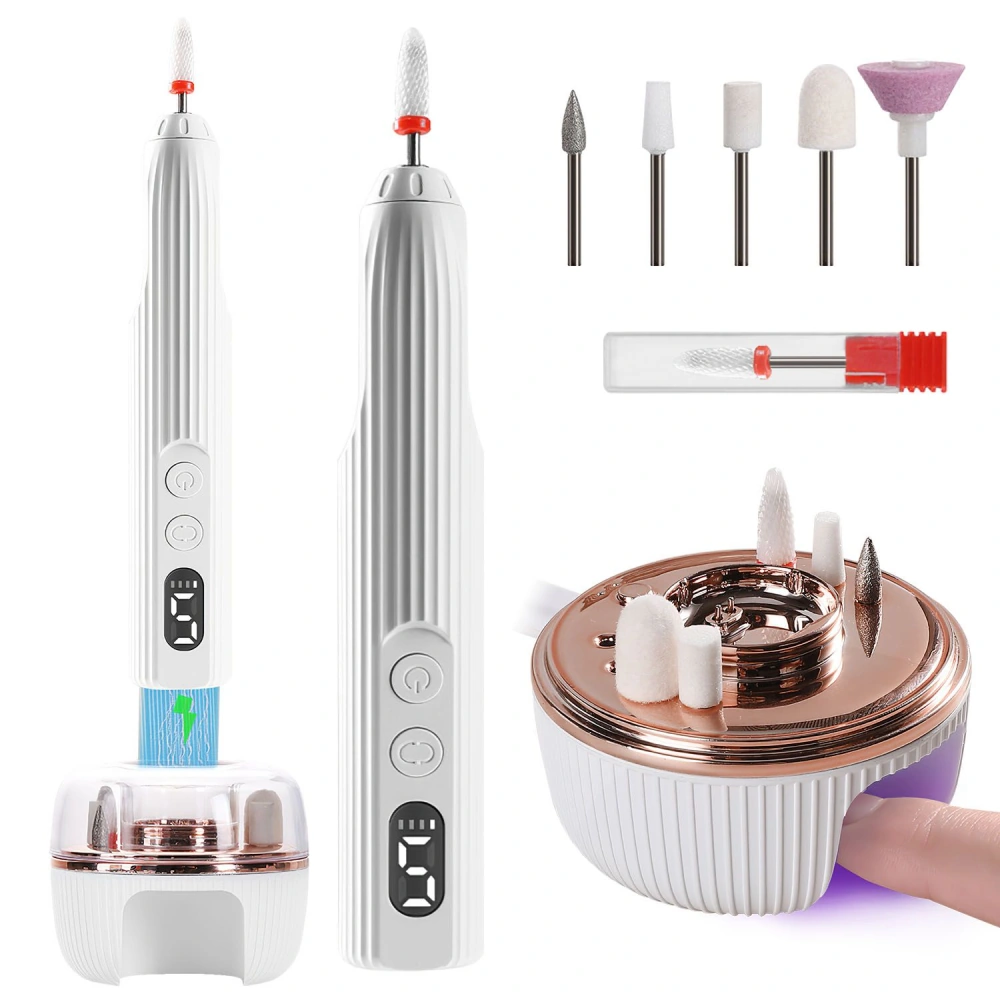 Electric nail drill kit with ergonomic white handle, digital display, multiple drill bits, and charging base, designed for professional nail care and shaping.
