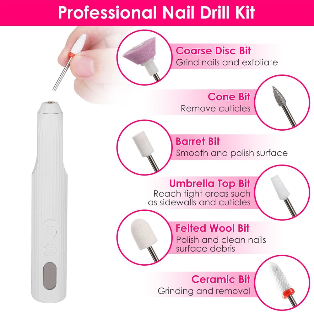 Professional Nail Drill Kit with various interchangeable bits for grinding, polishing, and cuticle removal, featuring a sleek ergonomic design.