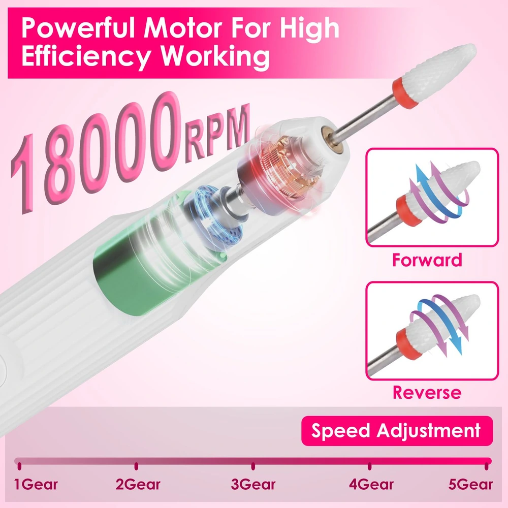 High-efficiency rotary machine displaying a powerful motor capable of 18,000 RPM with adjustable speed settings, featuring forward and reverse functionality and interchangeable attachments.