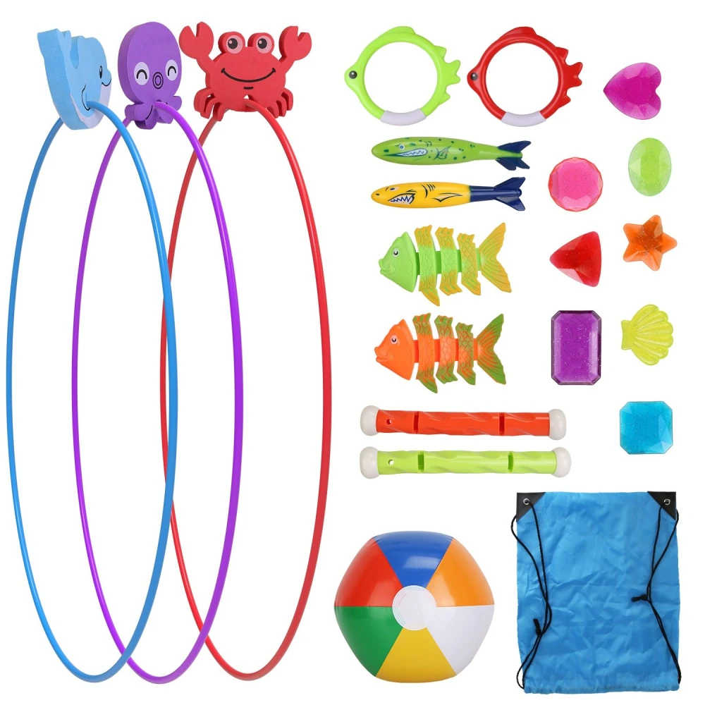 Colorful children's beach toy set featuring three hula hoops with sea animal designs, assorted plastic fish, swim ring, beach ball, colorful gems, flutes, and a blue carrying bag.