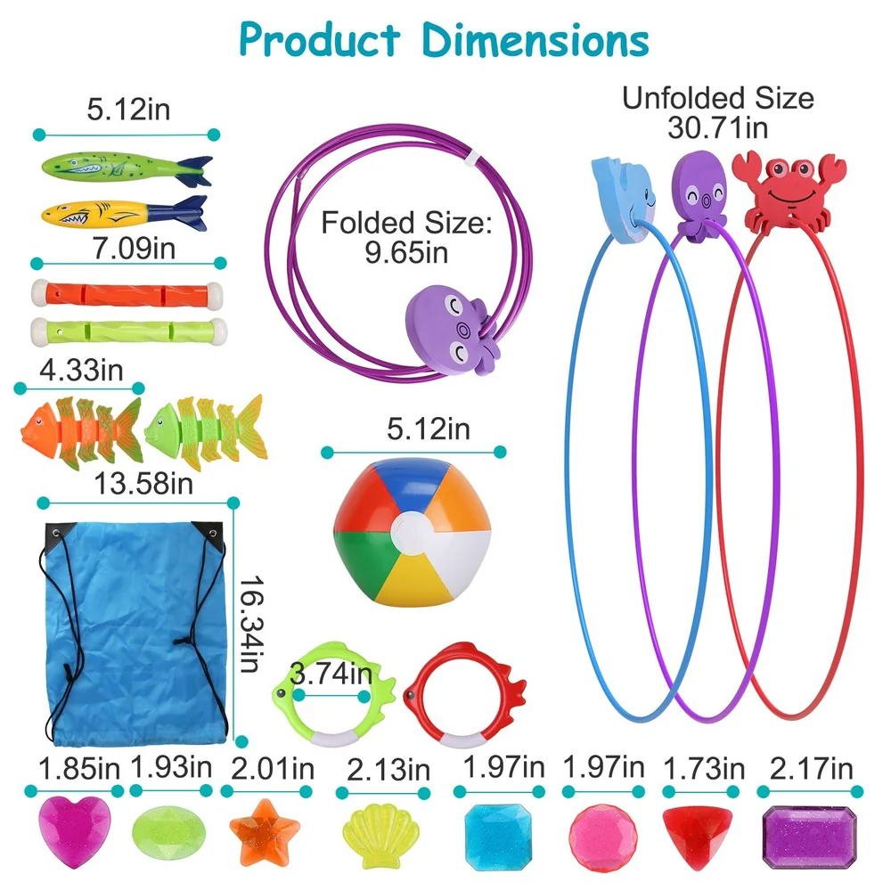 Colorful children's beach toys and accessories with dimensions, including a jumping rope, beach ball, and various sea animal shapes, ideal for outdoor play.