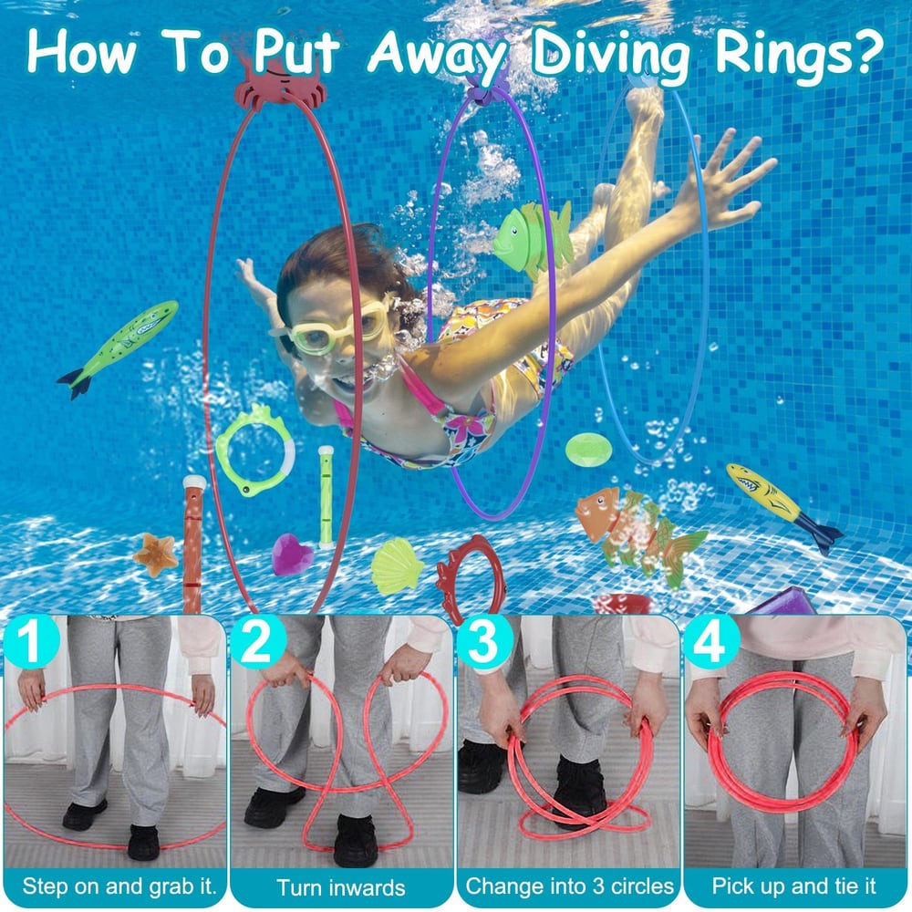 Instructions for putting away diving rings in a swimming pool with visuals illustrating the steps for easy understanding.