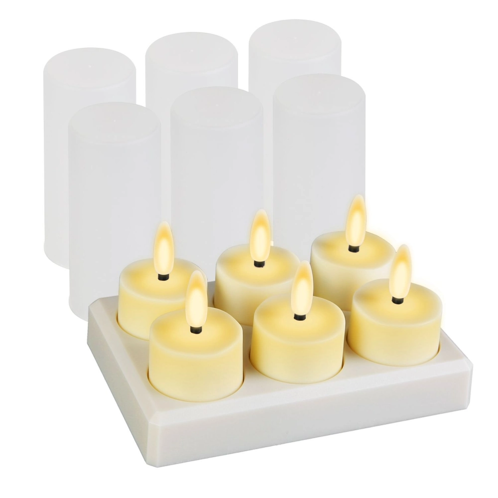 Set of six battery-operated LED tea light candles with flickering flames, accompanied by three frosted glass candle holders, arranged on a sleek white base for a cozy ambiance.