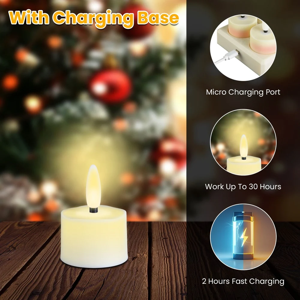 Battery-operated LED candle with a flickering flame effect, displayed on a wooden surface, surrounded by a blurred festive background and highlighting features like a charging base, micro charging port, 30-hour runtime, and 2-hour fast charging.