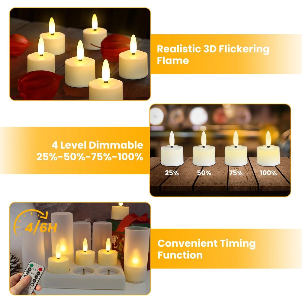 LED candles with realistic 3D flickering flame, showcasing dimmable settings (25%, 50%, 75%, 100%) and convenient 4/6 hour timing function, ideal for ambiance and safety.
