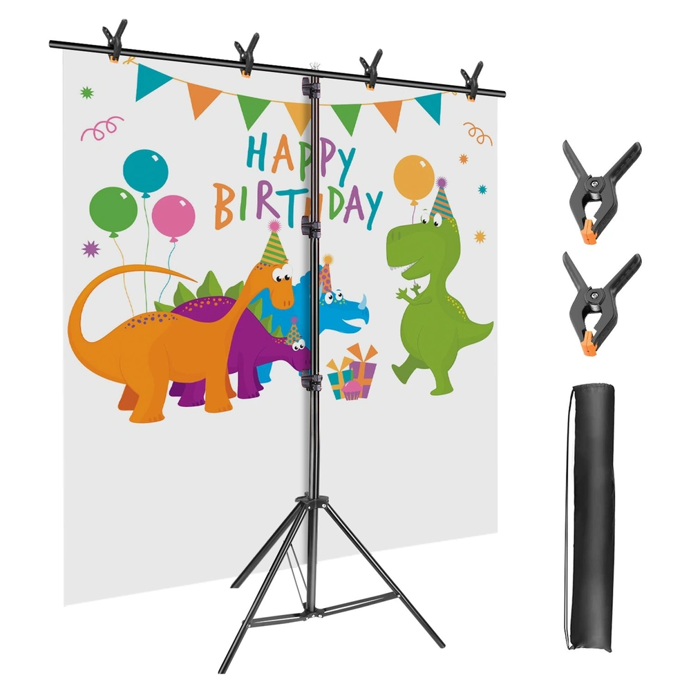 Colorful dinosaur-themed birthday backdrop with "Happy Birthday" text, balloons, and festive decorations, featuring backdrop support stand and clamps.