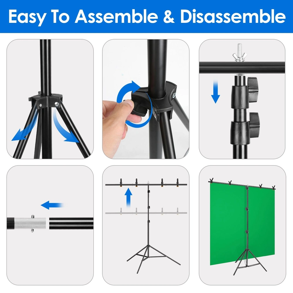 Product assembly guide demonstrating an easy-to-use backdrop stand with adjustable height and clamp features for secure attachment of photography backdrops.