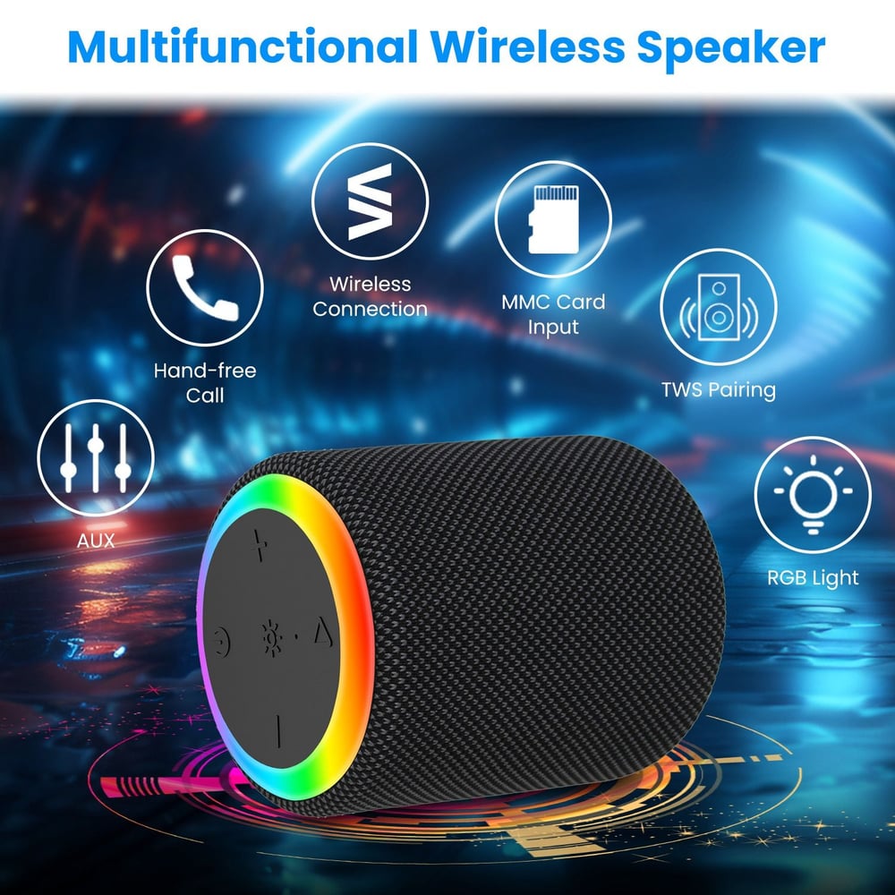 Multifunctional wireless speaker with RGB light, hand-free call capability, TWS pairing, AUX input, and wireless connection features, displayed against a vibrant, dynamic background.