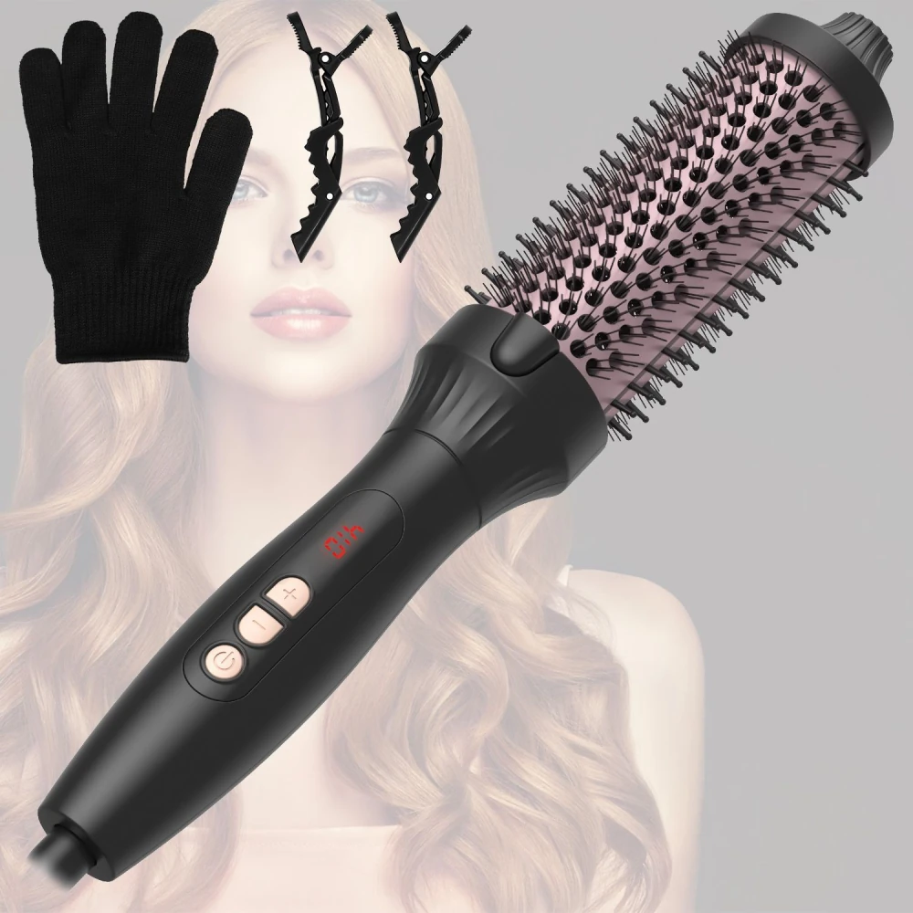 Hot air brush with pink bristle barrel and digital temperature settings, accompanied by heat-resistant gloves, perfect for achieving smooth, voluminous hairstyles.