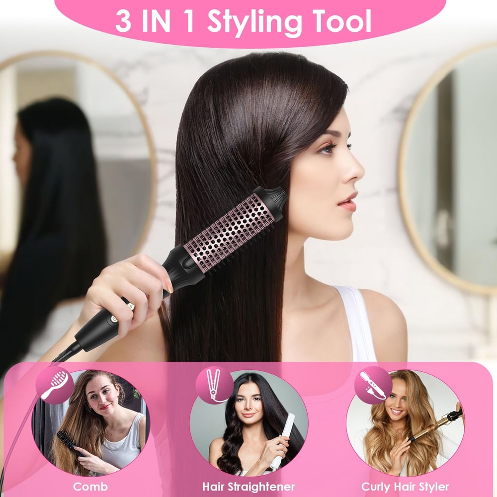 3-in-1 hair styling tool in use, featuring a combination hair straightener, comb, and curly hair styler, suitable for creating various hairstyles.