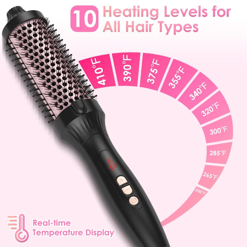 Hot air brush with a pink bristle barrel and digital temperature display, featuring 10 heating levels from 250°F to 410°F for all hair types.
