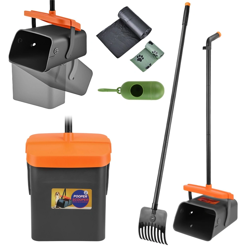 Dog waste clean-up kit featuring a durable pooper scooper with a long handle, waste collection bucket, dog waste bags, and a convenient bag dispenser.