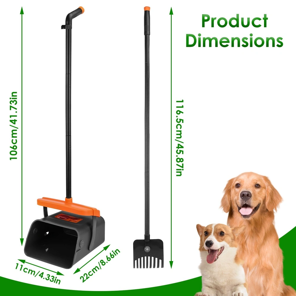 Product image of a pet waste cleanup tool, featuring a black scoop with an orange handle, dimensions displayed vertically alongside a silhouette of two dogs, showcasing easy waste removal for pet owners.
