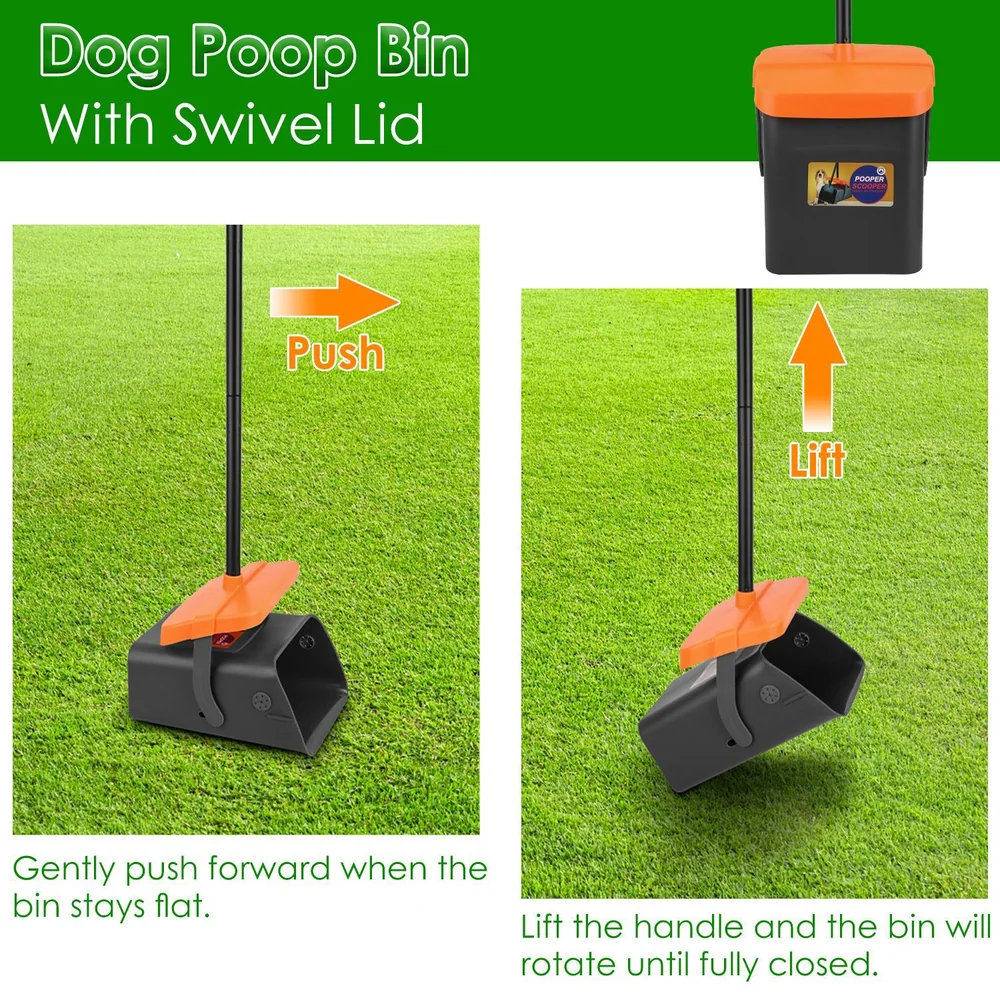 Dog poop bin with swivel lid, showing instructions for use: push forward when the bin stays flat and lift the handle to rotate the bin until fully closed, set on lush green grass.