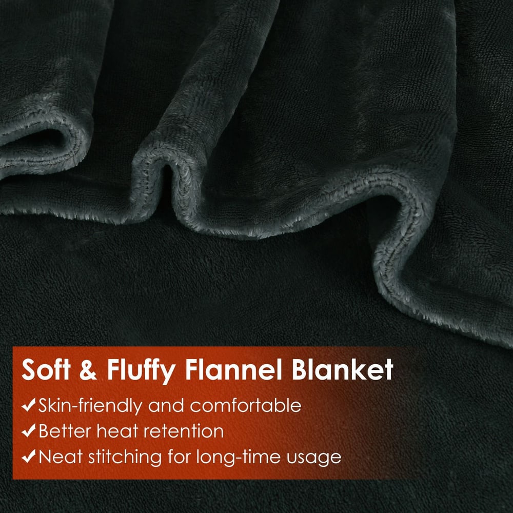 Soft and fluffy black flannel blanket showcasing its skin-friendly texture, neat stitching, and superior heat retention, perfect for cozy warmth and comfort.