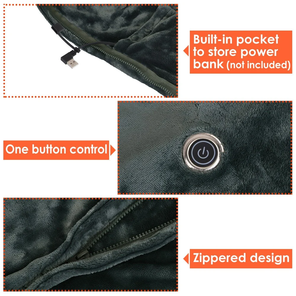 Heated hoodie with built-in pocket for power bank, one-button control, and zippered design.