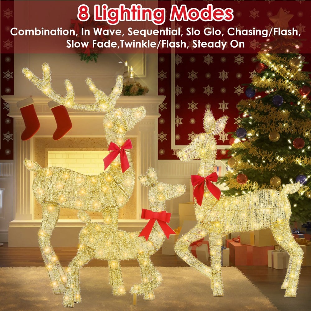 Illuminated Christmas reindeer display featuring three festive deer with red bows, surrounded by holiday decorations, showcasing 8 lighting modes including twinkle and steady on.