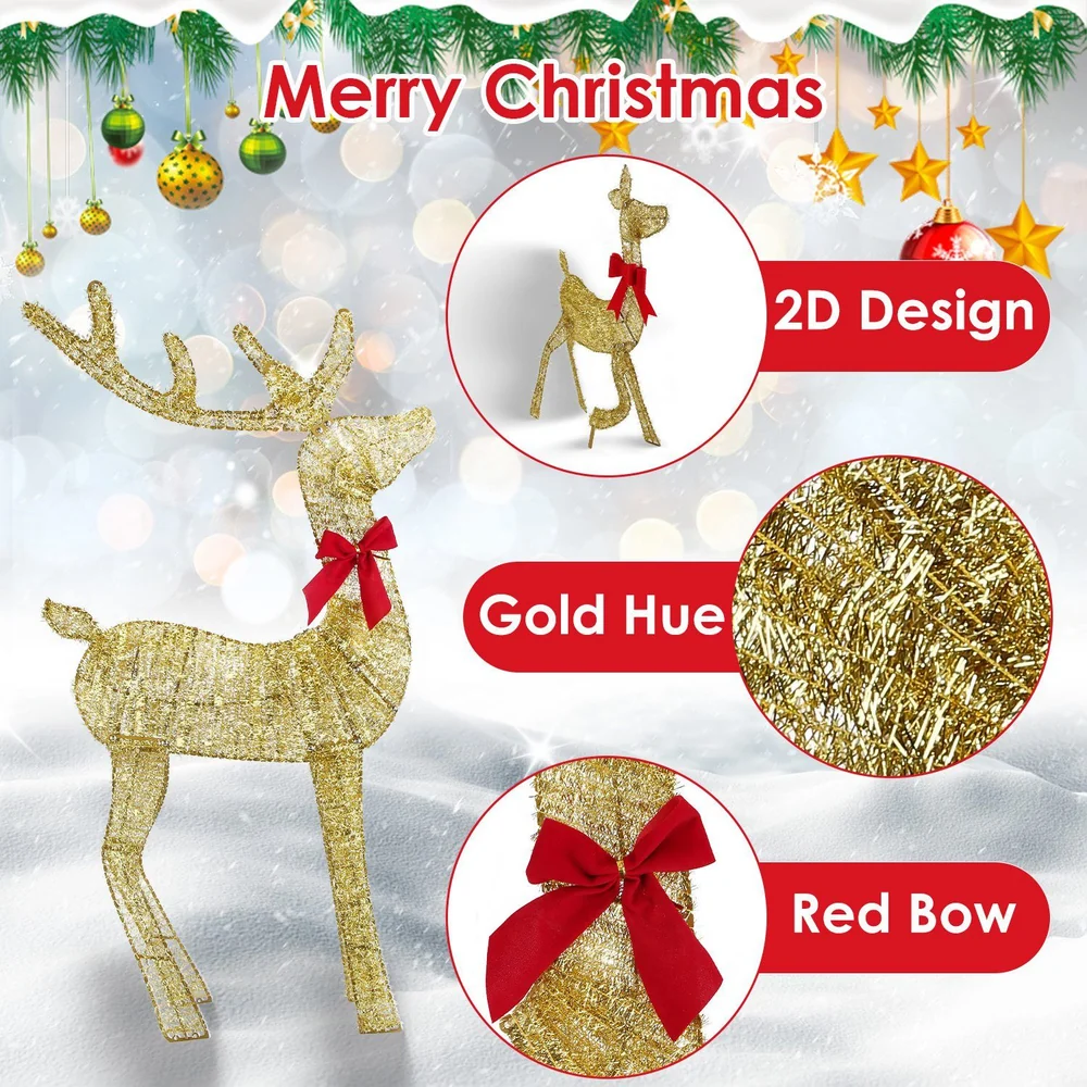Golden Christmas reindeer decoration with red bow, featuring a 2D design and sparkling hue, perfect for festive holiday displays.