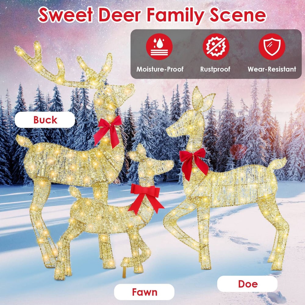 Illuminated decorative deer family scene featuring a buck, doe, and fawn adorned with red bows, set against a snowy forest background; moisture-proof, rustproof, and wear-resistant design.