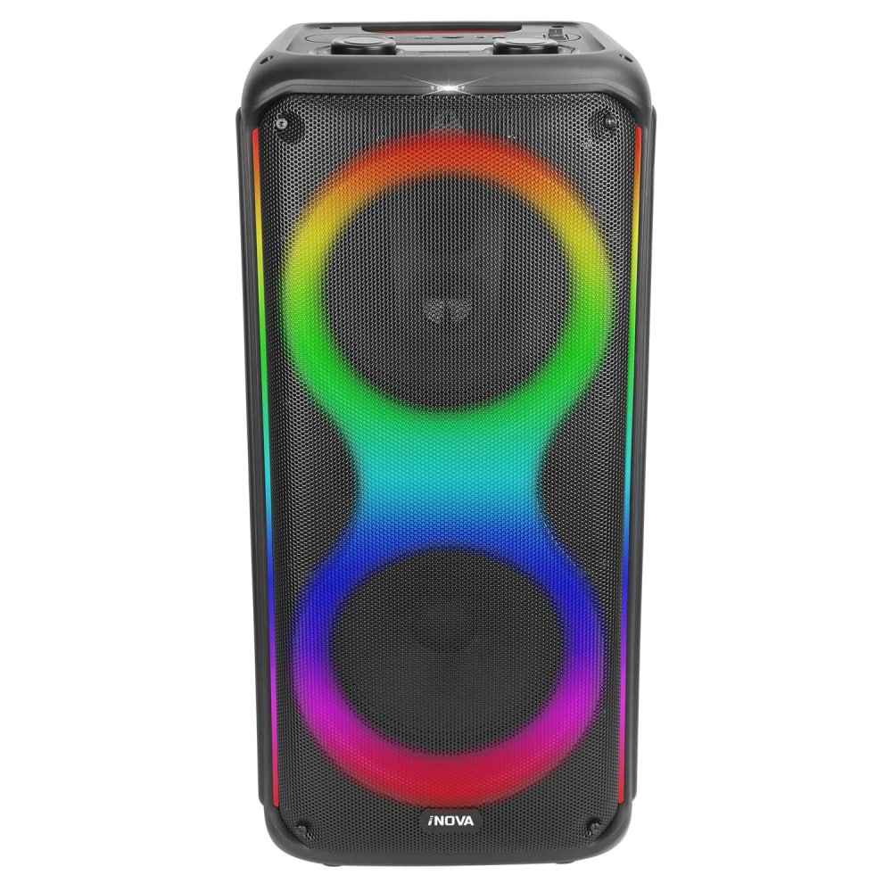 Colorful portable Bluetooth speaker with dual subwoofers, featuring vibrant LED lighting effects and a durable design for parties and outdoor use.