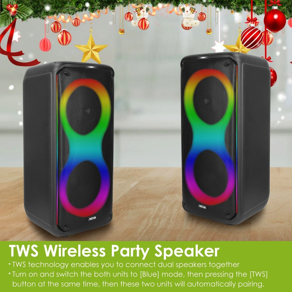 TWS Wireless Party Speakers with colorful LED lights, designed for dual connectivity and enhanced audio experience, placed on a wooden surface with festive decorations in the background.