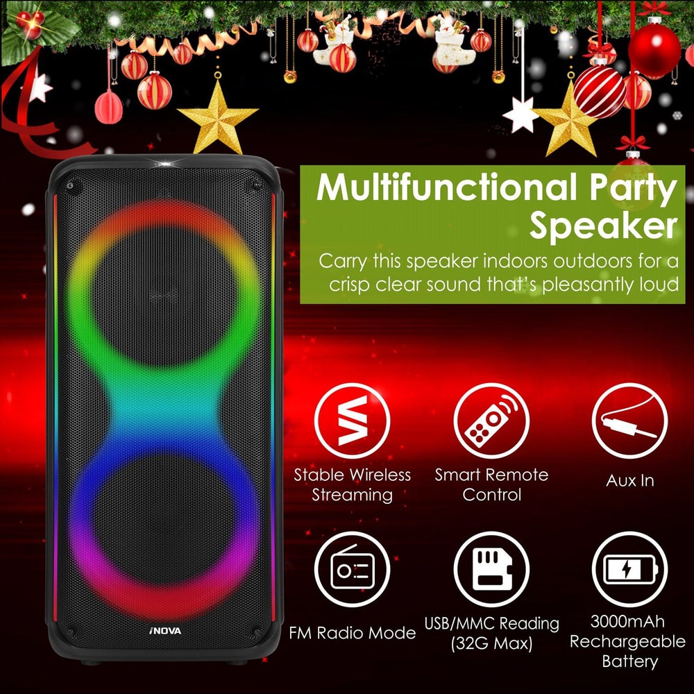 Multifunctional party speaker showcasing vibrant LED lights, designed for indoor and outdoor use, with features like wireless streaming, FM radio, remote control, and a 3000mAh rechargeable battery.