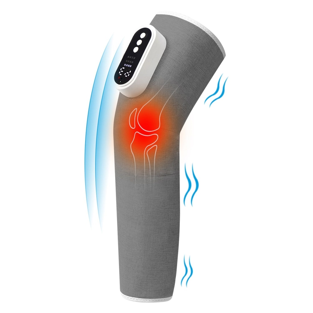Knee massager with digital control panel, designed to relieve pain and provide warmth with heat therapy, featuring a gray fabric exterior and visual indicators for soothing hot treatment.