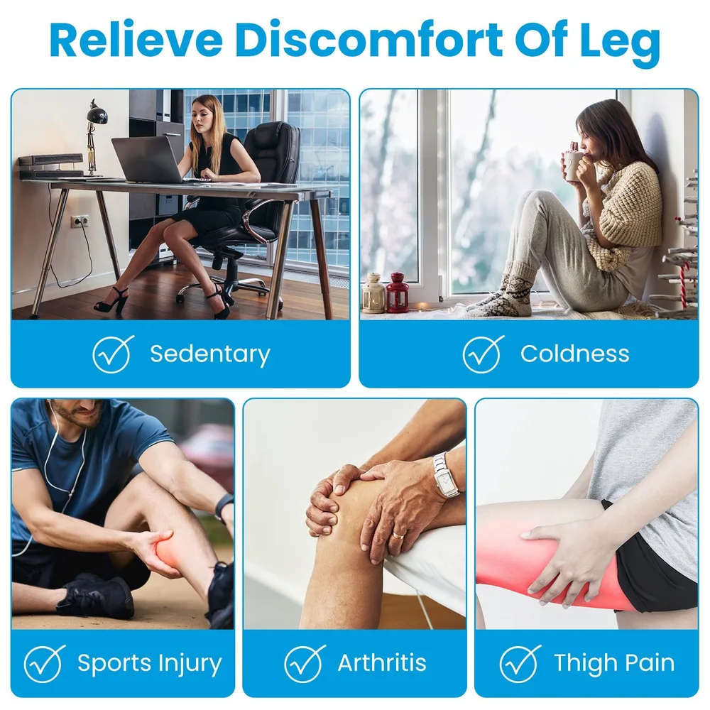 Image depicting solutions for leg discomfort, featuring various scenarios: a woman at a desk representing sedentary lifestyle, a person wrapped in a blanket addressing coldness, an athlete with a sports injury, and individuals showing signs of arthritis and thigh pain.