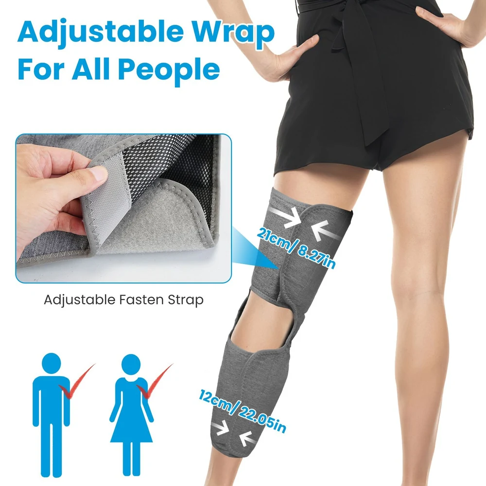 Adjustable wrap knee support featuring adjustable fasten strap, suitable for both men and women, with size measurements for effective fit.