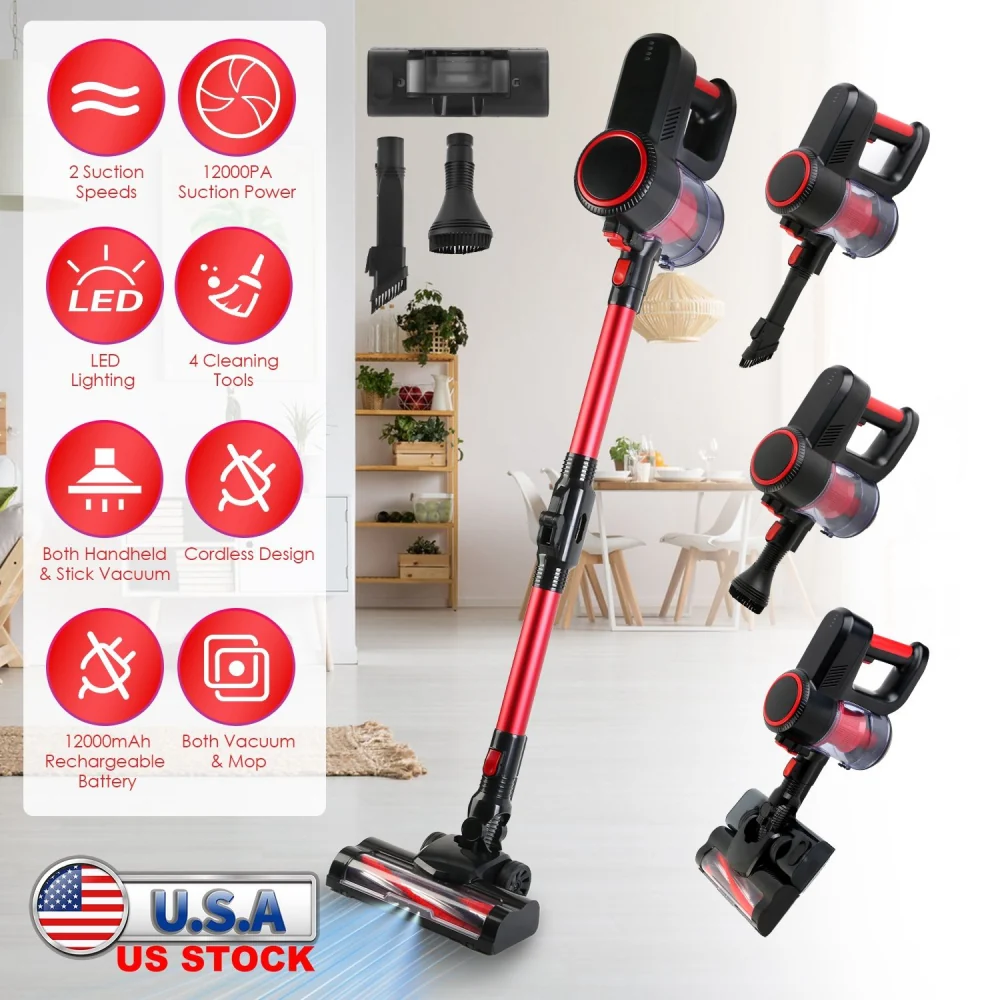 Cordless 2-in-1 red vacuum cleaner with 12000PA suction power, LED lights, four cleaning tools, and a rechargeable 12000mAh battery, set in a modern home environment.