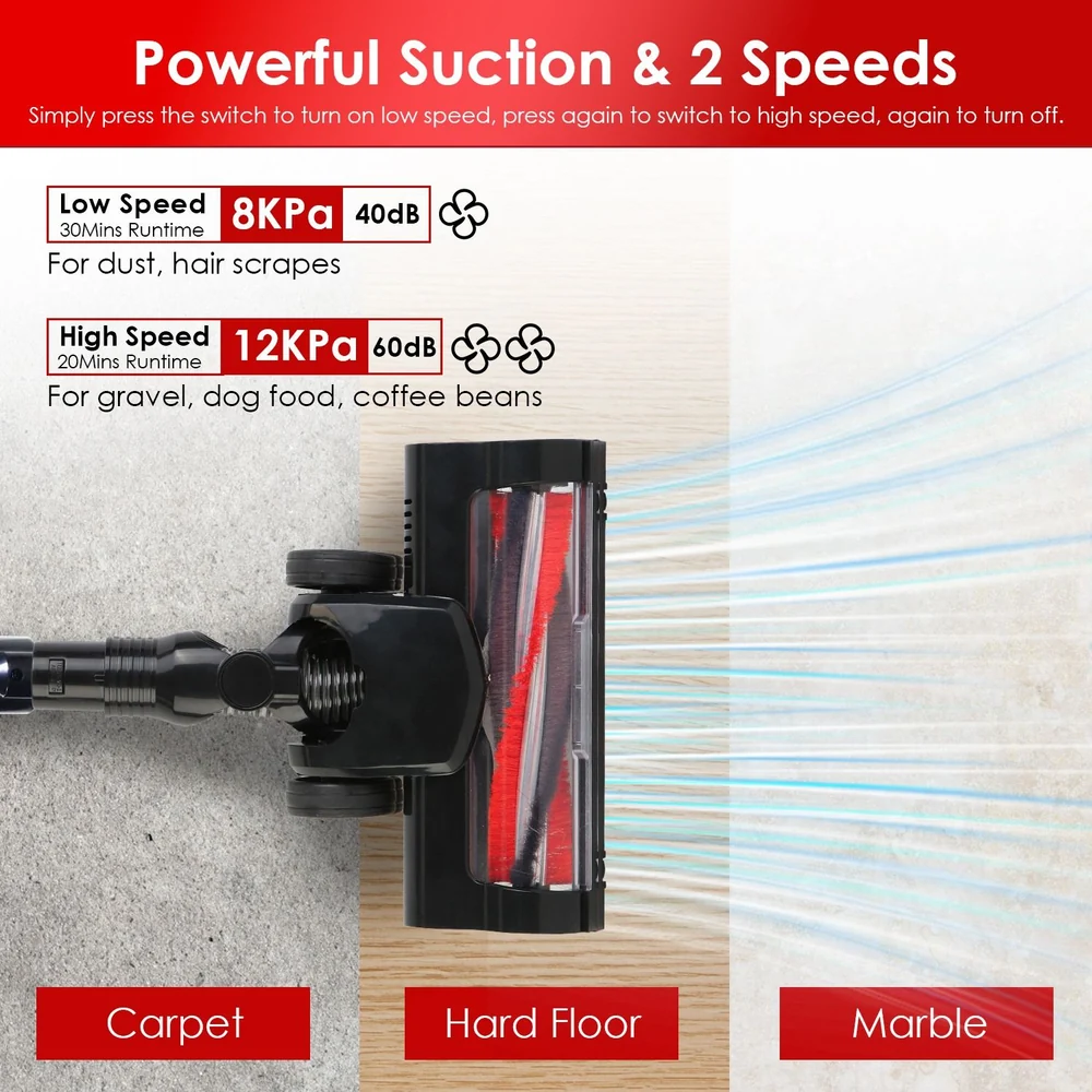 Image of a vacuum cleaner attachment demonstrating its dual-speed settings for powerful suction, labeled for low speed (8kPa) suitable for dust and hair on carpets and high speed (12kPa) for tough debris like gravel and coffee beans on hard floors and marble surfaces.
