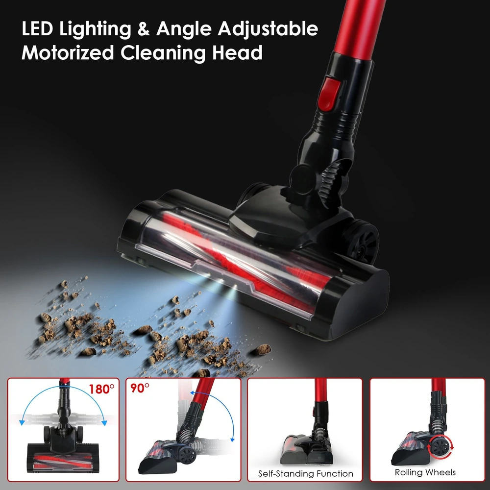 Motorized vacuum cleaning head with adjustable angle, LED lighting, and rolling wheels showcasing powerful dirt removal capabilities.