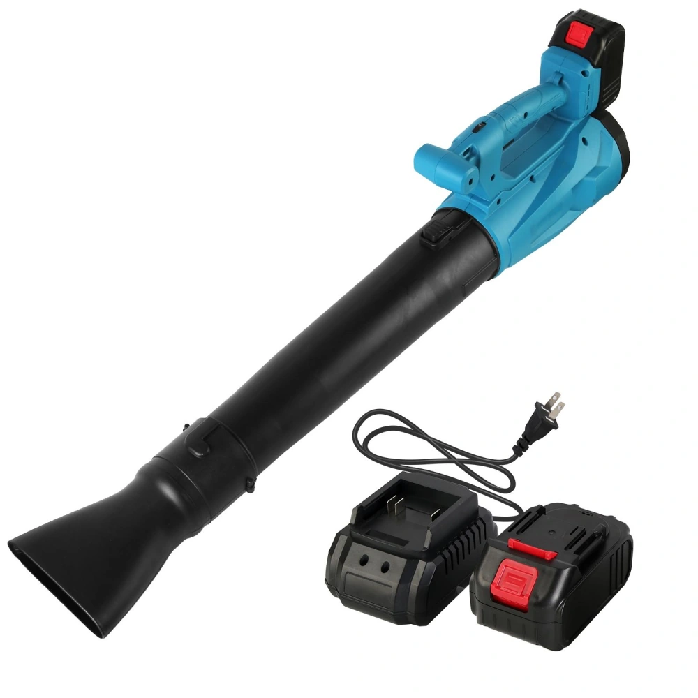 Portable cordless leaf blower with a blue handle, black tube, and rechargeable battery charger.