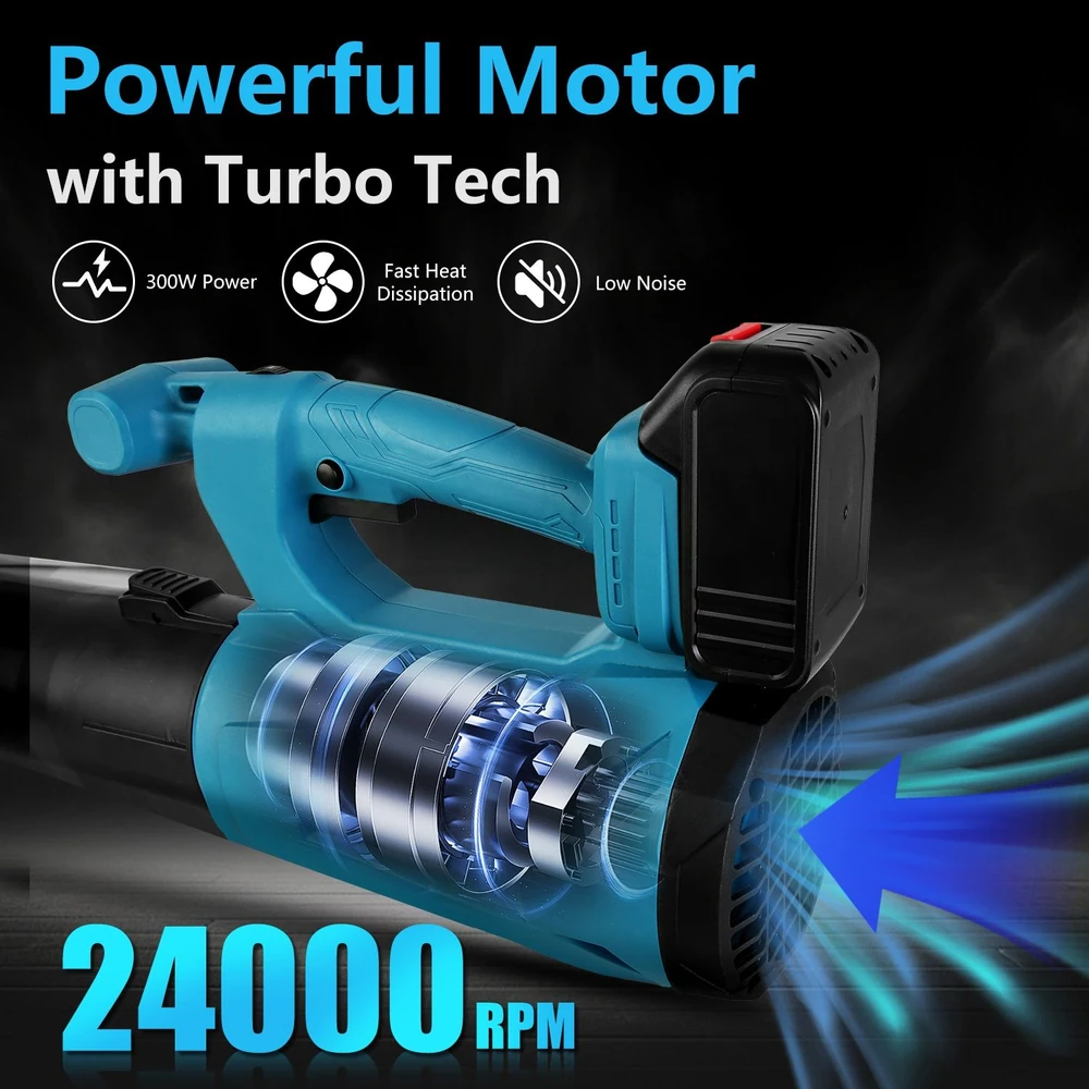 Powerful cordless blower with a 300W motor, featuring turbo technology, fast heat dissipation, and low noise, capable of reaching 24000 RPM for efficient cleaning.