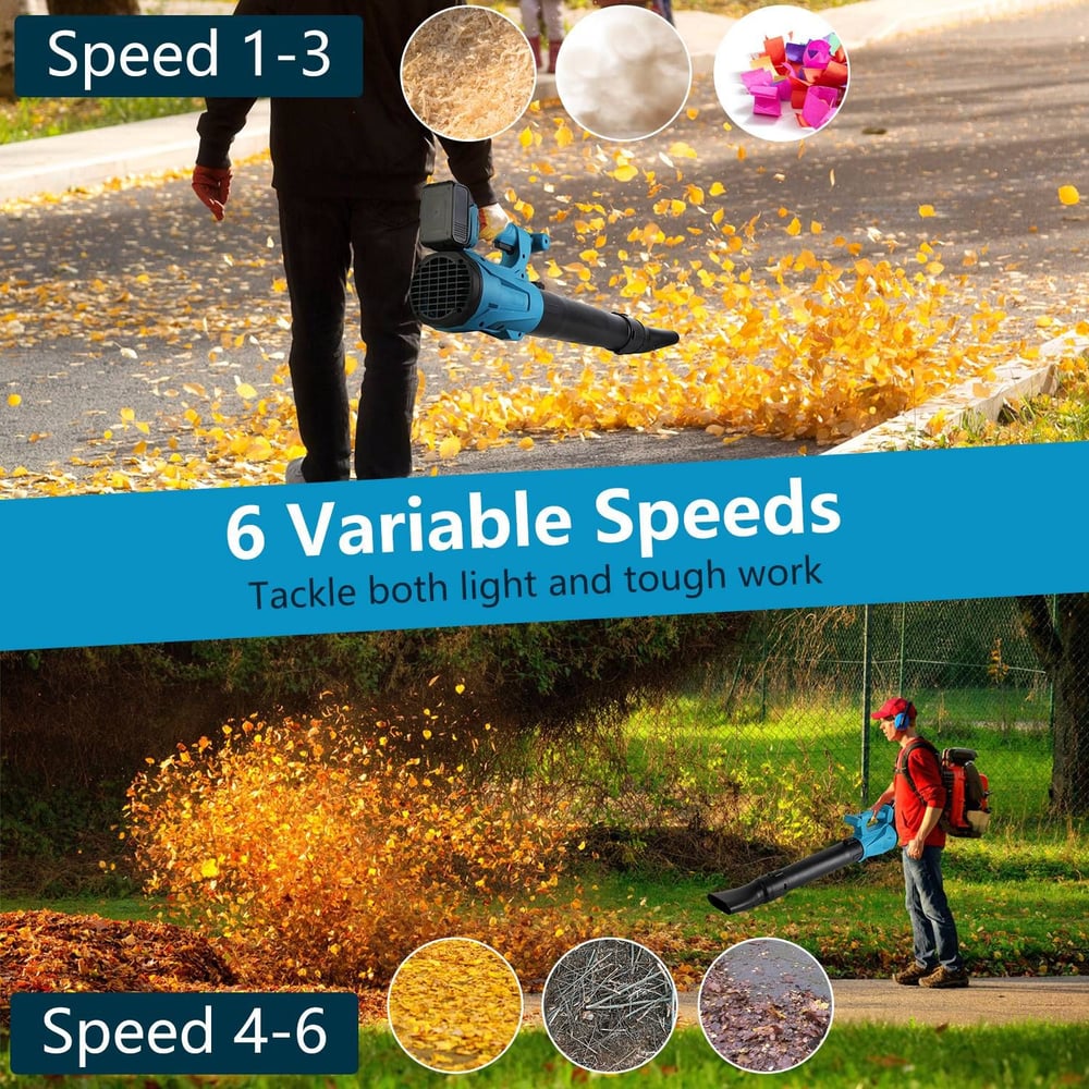 Image of a versatile leaf blower showcasing its 6 variable speed settings, with a person using the blower to clear leaves on a path and another person in a park, demonstrating its effectiveness for both light and tough outdoor tasks.