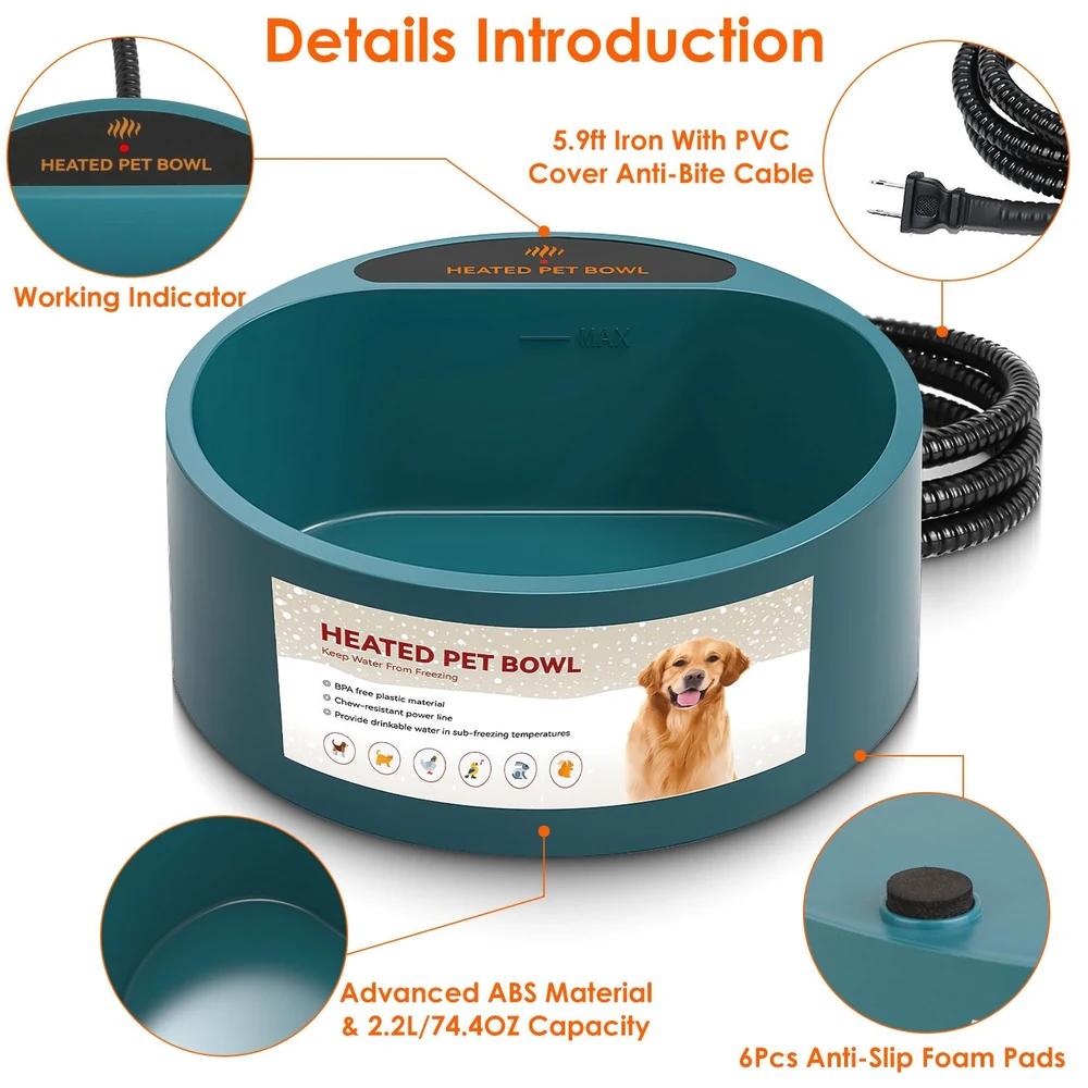 Heated pet bowl designed to prevent water from freezing, featuring a 2.2L capacity, anti-bite cable, and advanced ABS material for durability, perfect for keeping your pet hydrated in cold weather.