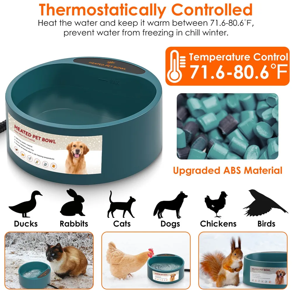 Heated pet bowl designed to maintain water temperature between 71.6°F and 80.6°F, suitable for dogs, cats, rabbits, ducks, and birds, featuring durable ABS material for winter use.
