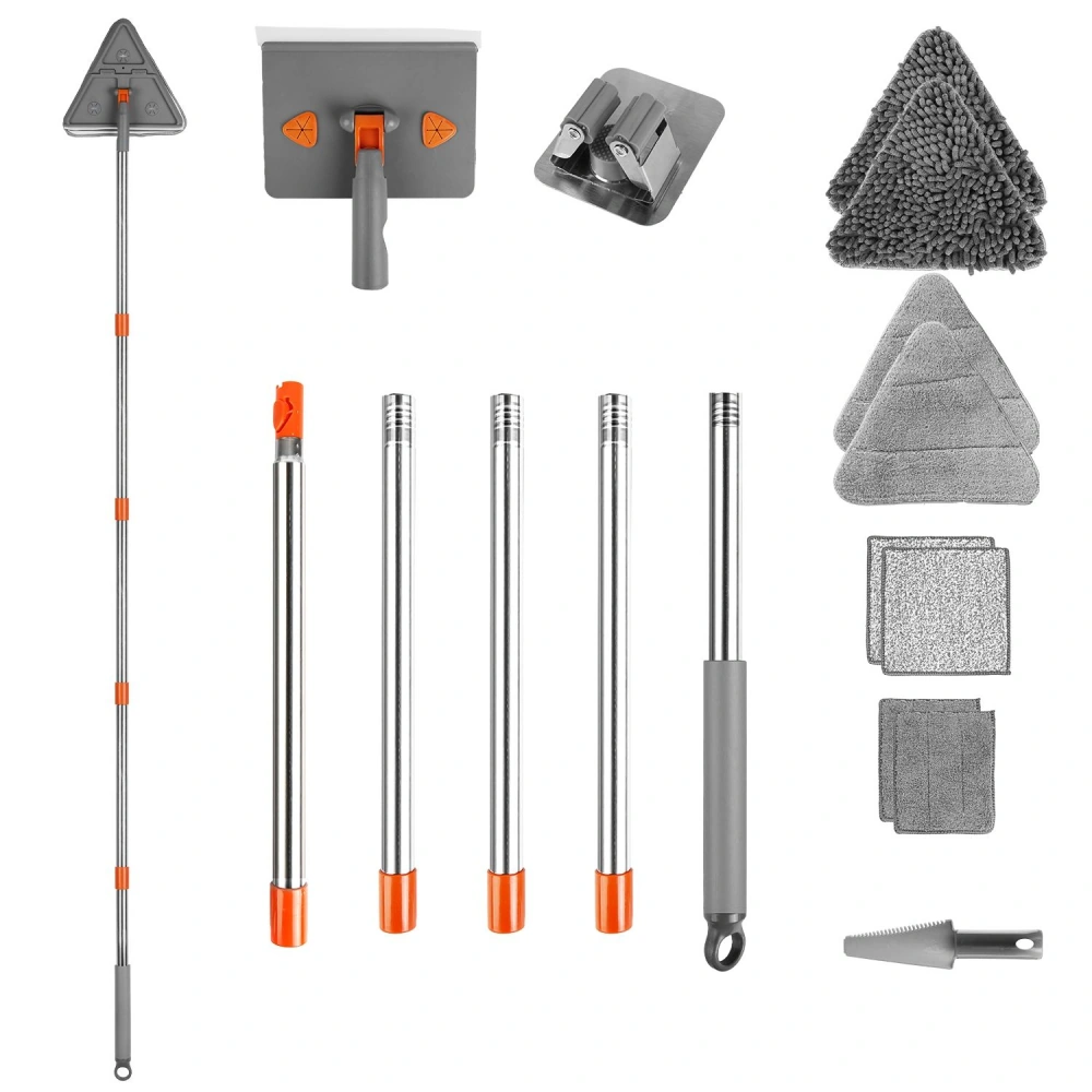 Cleaning tool set featuring a triangular scrub head, multiple extension poles, microfiber pads, and a window squeegee, designed for efficient home cleaning and maintenance.