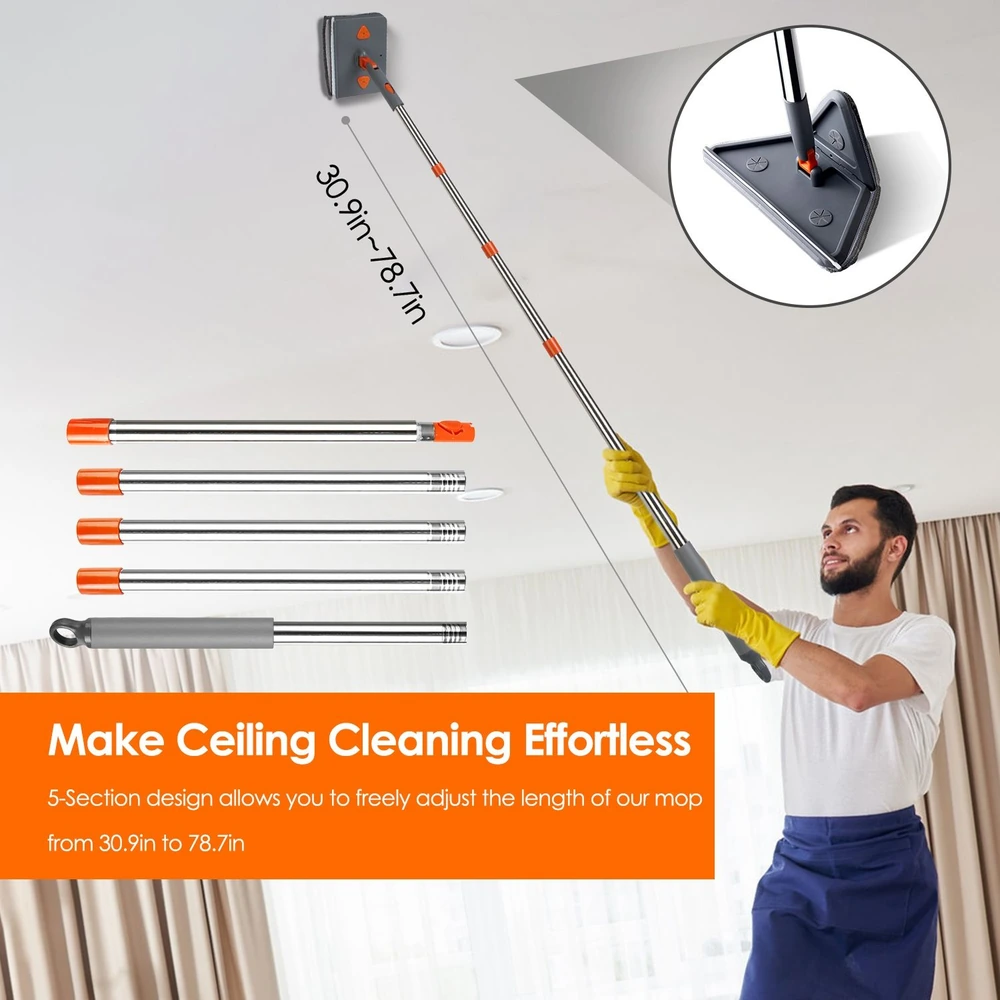 Versatile ceiling cleaning mop with adjustable length from 30.9 to 78.7 inches, showcasing a user with yellow gloves cleaning a ceiling while holding a telescopic handle.