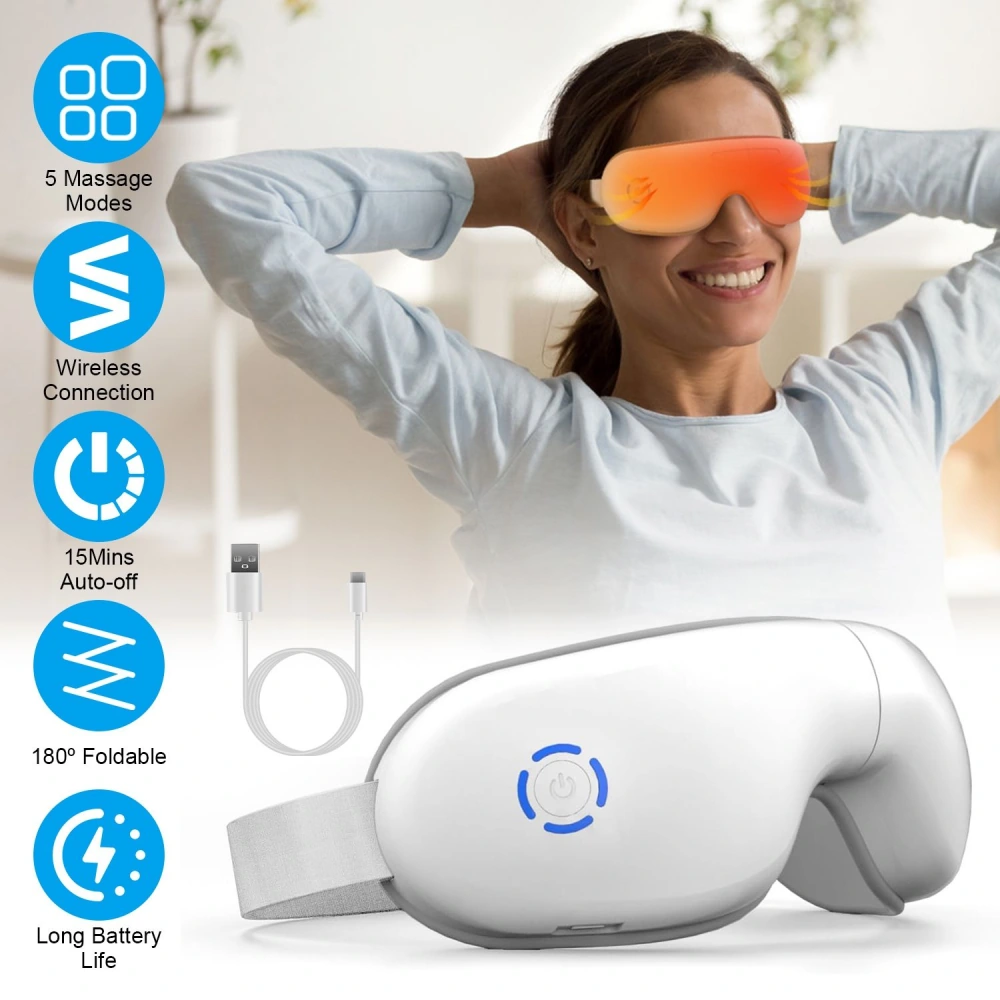 Wireless eye massage device with five massage modes, long battery life, and 180° foldable design, showing a person relaxing and using the product.