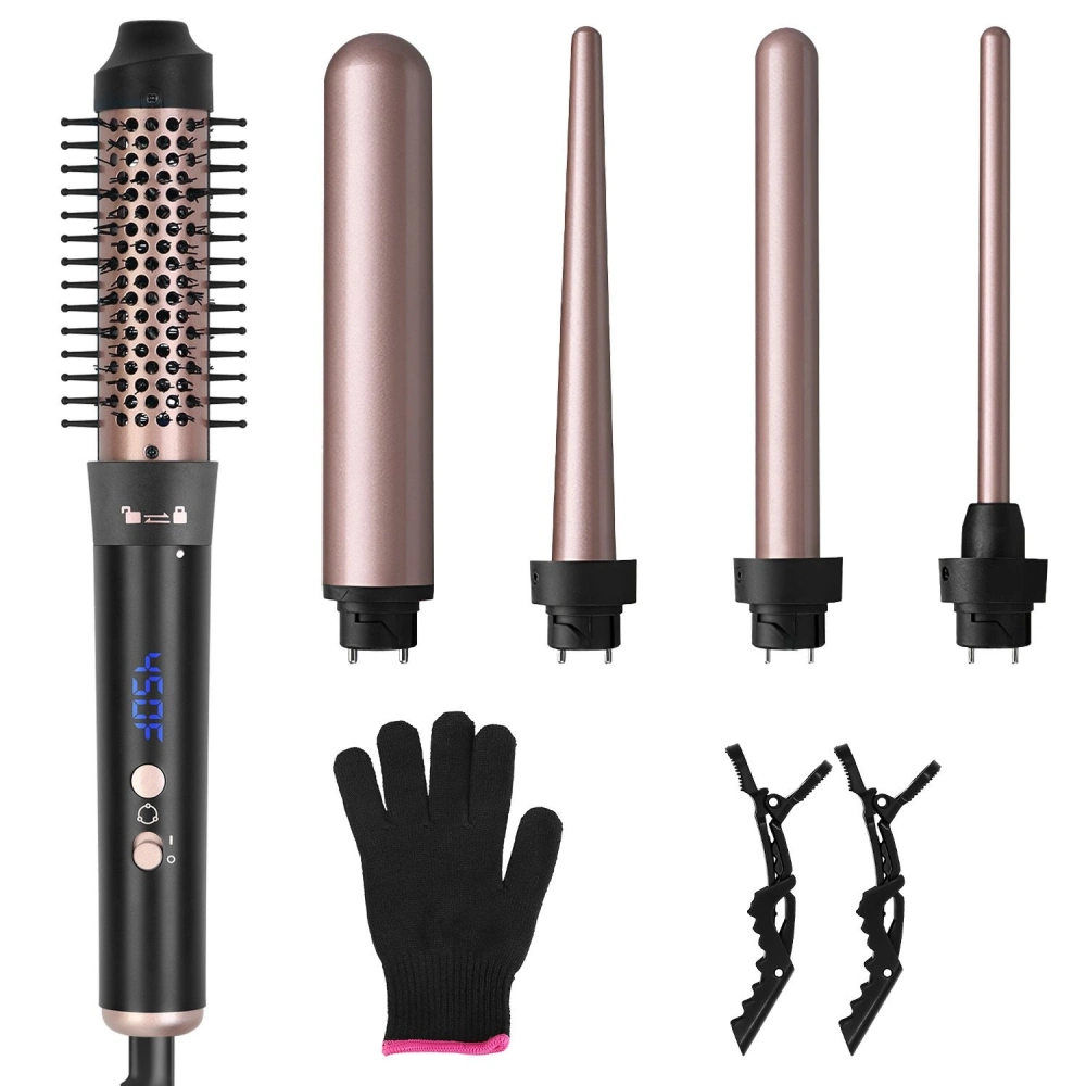 Multifunctional hair curling wand set featuring four interchangeable curling barrels, a heat-resistant glove, and two hair clips, designed for creating various hairstyles, with a temperature display up to 450°F for optimal styling.