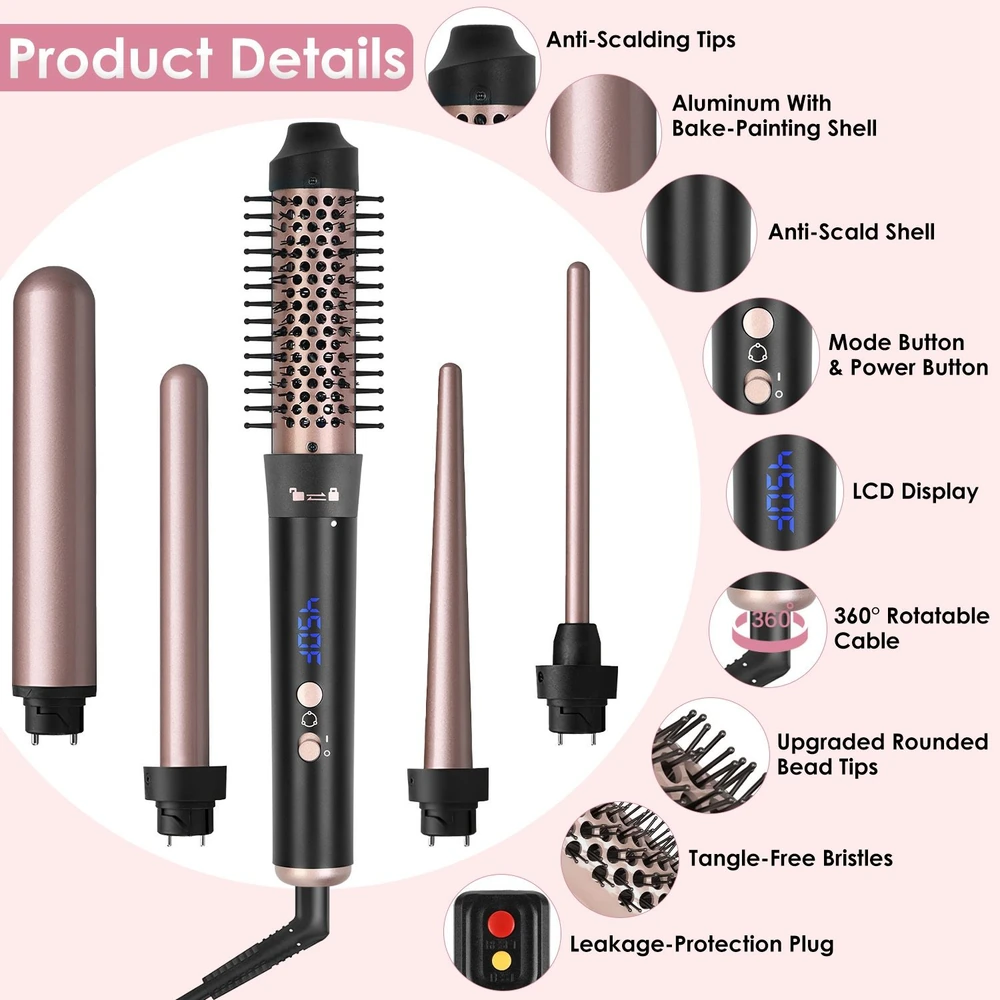 Multi-functional hair styling tool with interchangeable barrels, featuring anti-scald technology, LCD display, tangle-free bristles, and a 360° rotatable cable.