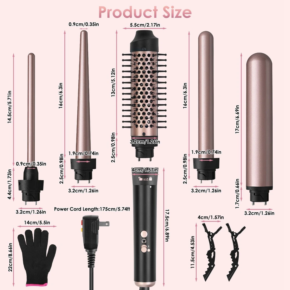 Product size chart for a versatile curling wand with multiple attachments, including a glove for protection and two hair clips, displaying precise dimensions for each component.
