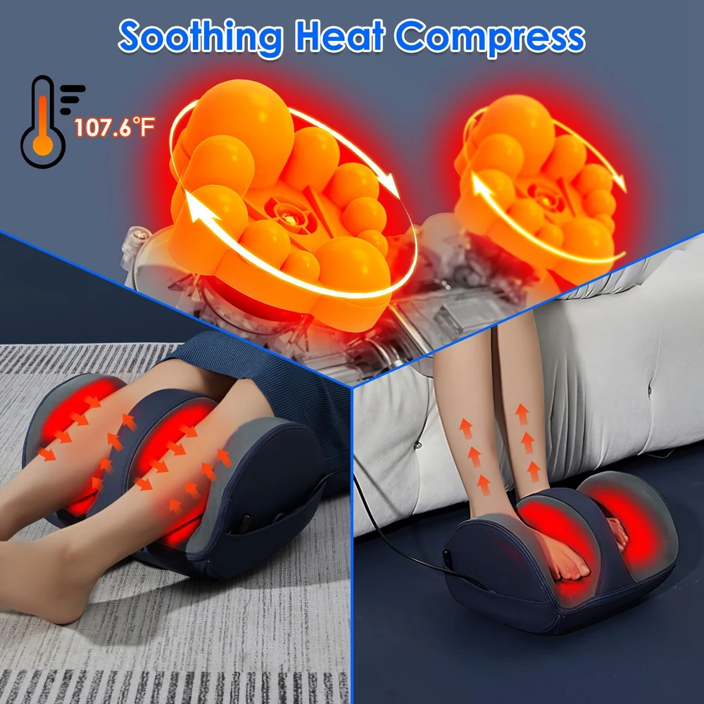 Soothing heat compress foot massager with glowing heating elements, designed for relaxation and comfort, showcasing user's feet being treated with targeted heat therapy.