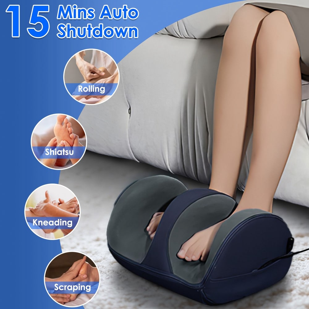 Foot massager with various settings including rolling, shiatsu, kneading, and scraping, featuring a user relaxing with feet inside the device, ideal for stress relief and relaxation, with a 15-minute auto shutdown for safety.