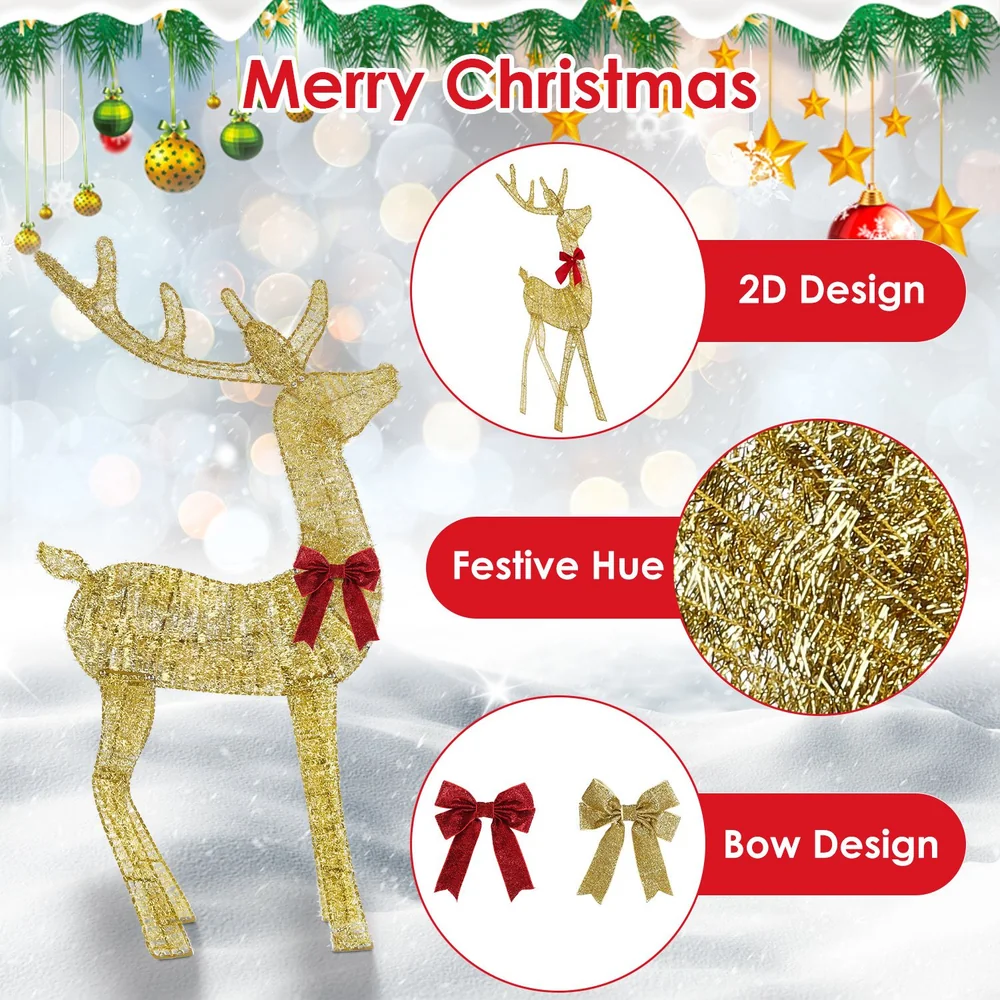 Gold Christmas reindeer decoration with red bow, featuring a 2D design and festive hue, set against a snowy background with holiday ornaments.