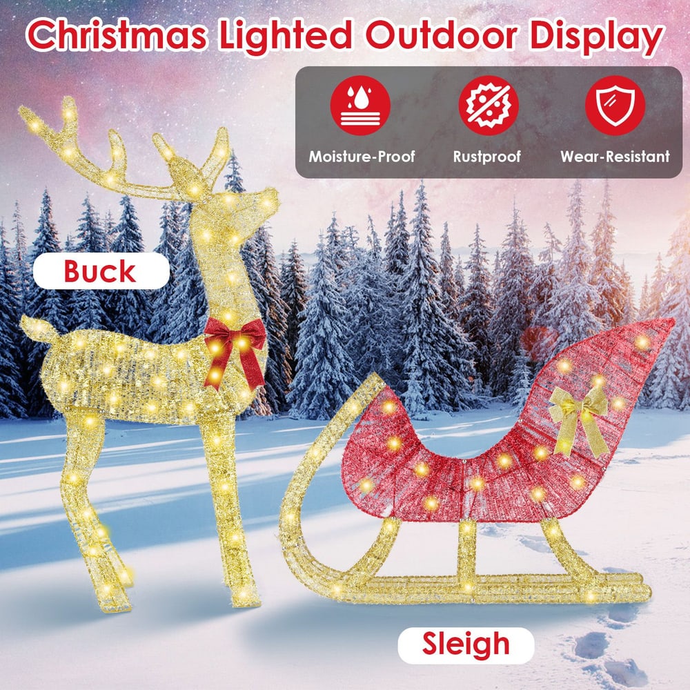 Outdoor Christmas light display featuring a glittering reindeer and sleigh, designed for winter decoration.